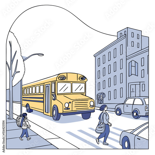 Illustration of a yellow school bus parked on a city street with children and cars present in the scene