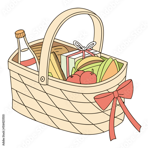 Wicker basket filled with food and drink picnic basket