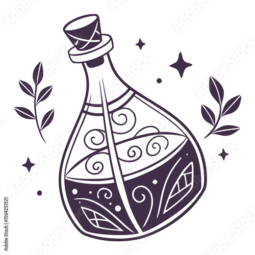 Ornate potion bottle with swirling liquid and botanical elements