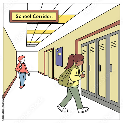 Illustration of a school corridor with students walking past lockers and a sign reading school corridor