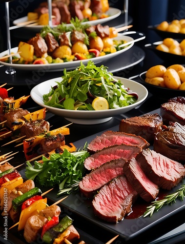 Delicious gourmet buffet catering table with sliced medium rare steak, grilled vegetable skewers, roasted potatoes, and fresh salad served in elegant black plates at luxury event

