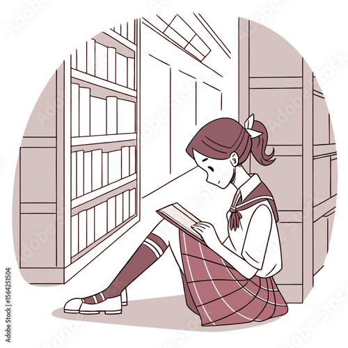 Illustration of a girl with brown hair and school uniform reading a book while sitting in a library aisle