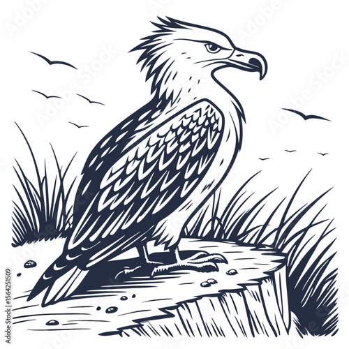 Majestic eagle perched on rocky outcrop surrounded by grass and birds