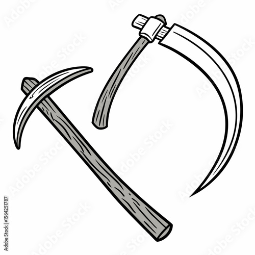 Gray wooden scythe and pickaxe tool agricultural