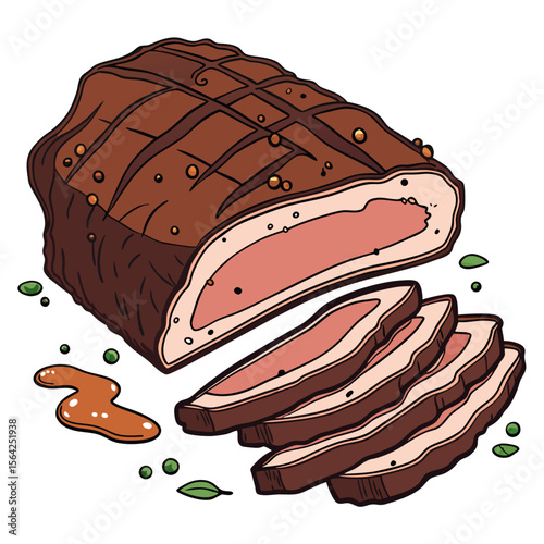 Sliced smoked brisket with peppercorns and sauce sliced meat
