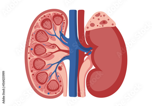 Human Kidney Anatomy Showing Internal Structure and Blood Vessels.