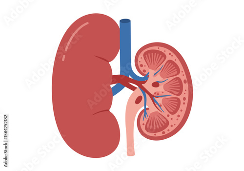 Simplified Anatomical Illustration of Human Kidney with Detailed Cross-Section.