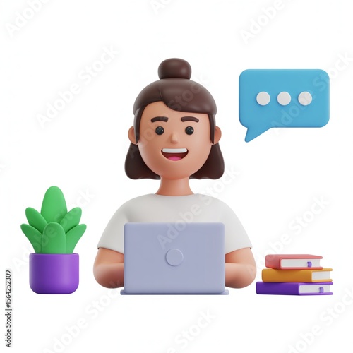 3D cartoon woman working on laptop with plant, books, and speech bubble on white background, workspace, productivity, creativity, communication, modern.