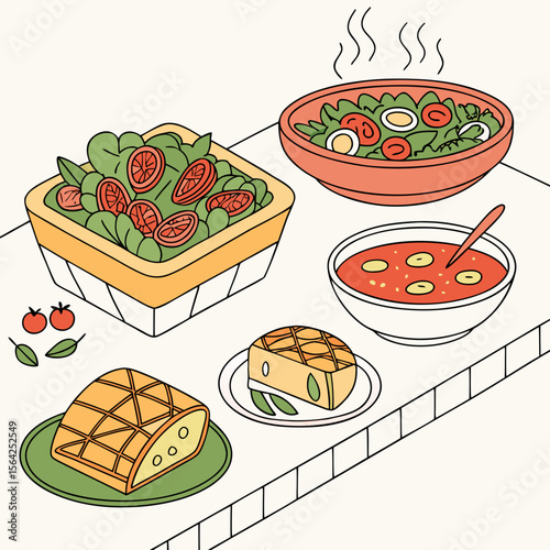 Fresh salad tomato soup and savory pastries tomatoes