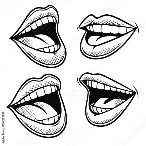 Black and white open mouth expressions lips teeth