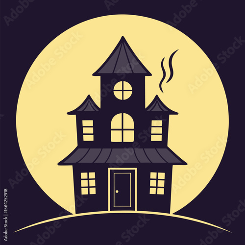 A haunted house silhouette emerges spookily against a full moon on Halloween night
