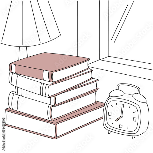 Illustration of a stack of books next to an alarm clock with a lamp and window in the background scene