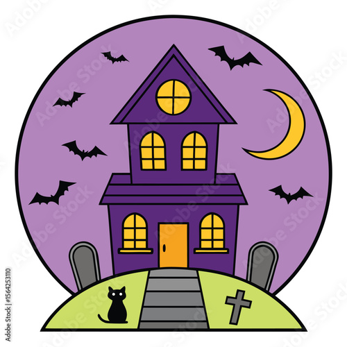 Cartoon haunted house with moon, gravestones and bats looks spooky and isolated