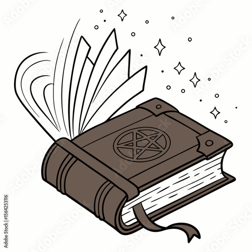 Ancient Spellbook with Pentagram and Magic Sparkles
