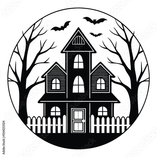 Creepy monochrome mansion stands enclosed by an ominous forest with bats overhead, transparent background