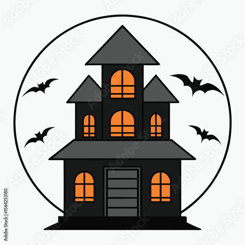 Dark cartoon haunted house gleams with orange window light under a full moon