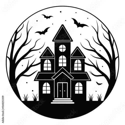 Monochrome Halloween night shows spooky mansion silhouette with flying bats inside round frame