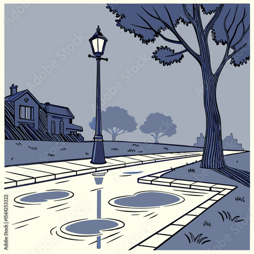 Illustration of a street lamp on a sidewalk with puddles reflecting the light and a house in the background