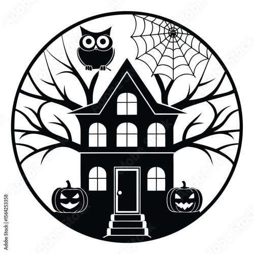 Silhouette of a haunted house with an owl, cobweb, and pumpkins appears transparent