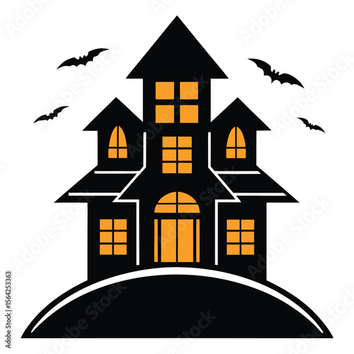 Silhouette of a spooky black haunted house with yellow lighted windows and bats fly around