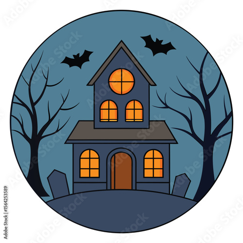 Spooky haunted house stands eerily with bats flying behind and tombstones near trees