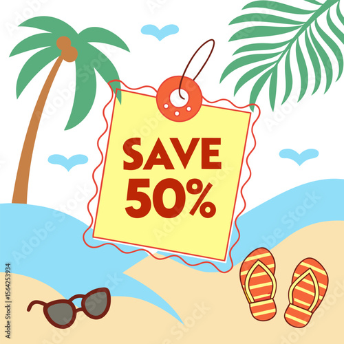 Illustration of beach scene with palm trees, sunglasses, flip flops and save fifty percent tag