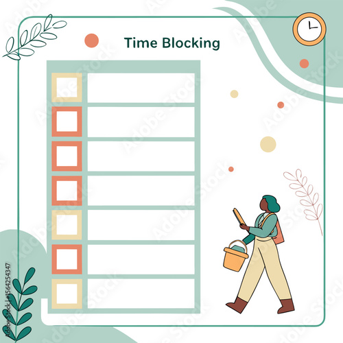 Illustration of a time blocking schedule with a person carrying a bucket and a clock in the background