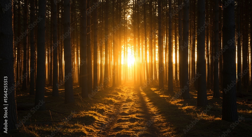 Fototapeta premium Golden sunset light beams powerfully through tall dark forest trees. AI Generated
