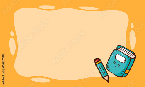 Engaging vector background featuring a wavy frame with a hand-drawn book and pencil, ideal for school promotions, learning materials, or children's educational content.