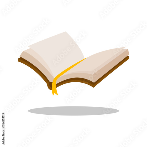 Whimsical vector illustration of an open book with a yellow bookmark, gently floating. Symbolizes the magic of reading, knowledge, and open possibilities.