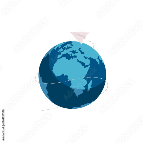 Dynamic vector illustration featuring a paper airplane circling a vibrant globe, symbolizing worldwide travel, international communication, global connection. Perfect for logistics or travel concepts