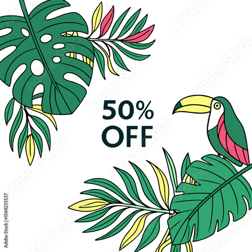 Illustration showing a fifty percent off sale with a toucan and tropical leaves on a white background space