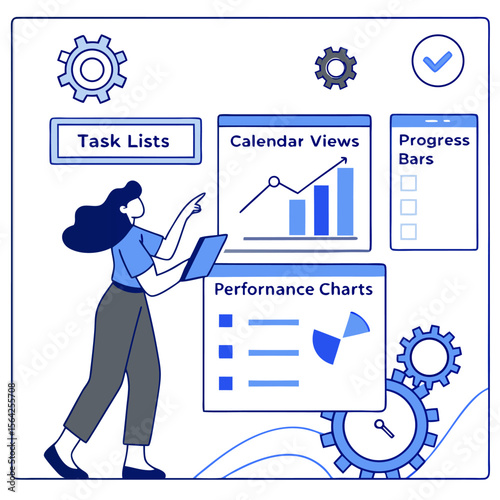 Illustration of a woman with task lists calendar views progress bars and performance charts with gears