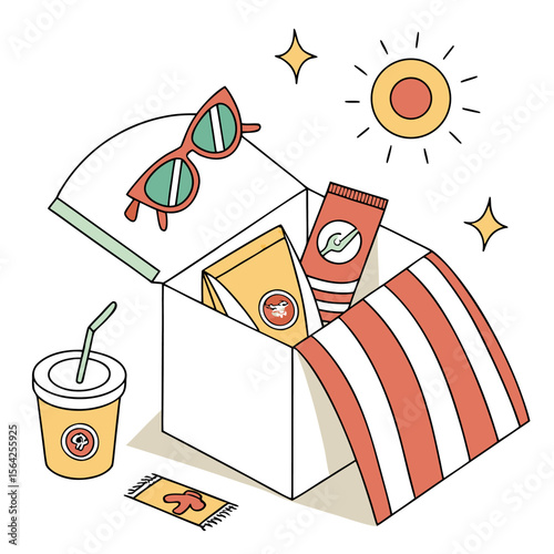 Summer essentials box with sunglasses, drink, sunblock, towel and snack under a sunny sky with stars