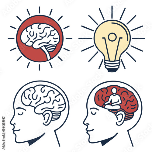 Illustration showing brain inside a head and lightbulb representing ideas and mindfulness concept art design