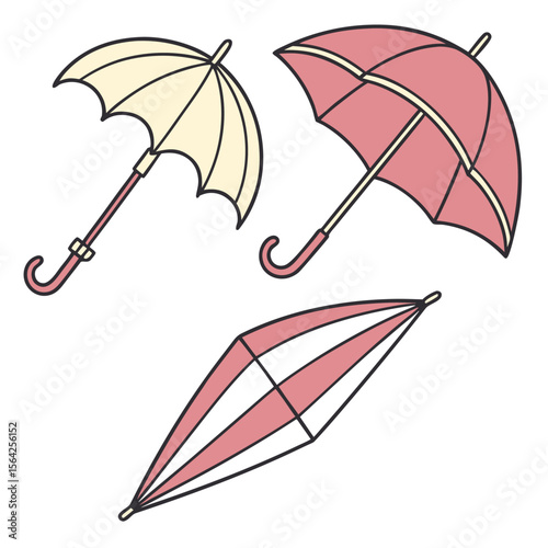 Illustration of two open umbrellas and one closed umbrella in pink and yellow on a white background