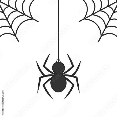 A dangling black spider descends between two cobwebs on a white background