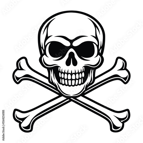 A stylized skull with darkened eye sockets is displayed atop two crossed bones in monochrome