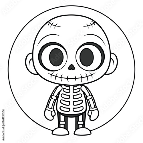 Cartoon Skeleton with Large Eyes Stands Inside a Black Circle with Transparent Background