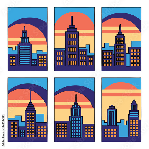 Cartoon skyline illustrations reveal urban buildings under a striking sunset and blue sky