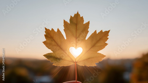 autumn leaves in the sunset, maple leaf held up against the setting sun with a heart-shaped cutout in the center, hand holding autumn leaves, hand holding maple leaf