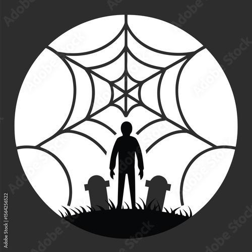 Monochrome silhouette presents a graveyard with a figure under a spiderweb moon