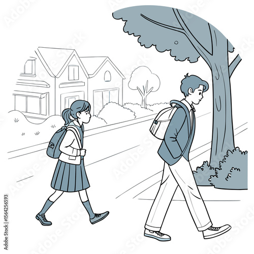 Illustration of a girl and boy with backpacks walking on a street with houses and a tree in the background