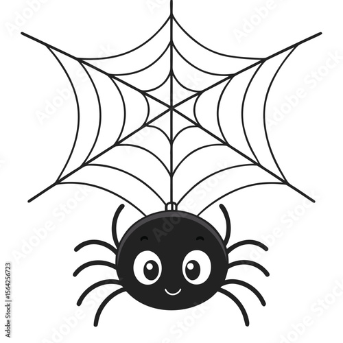 Smiling black spider is hanging from a black web on a transparent background
