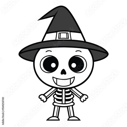 Smiling skeleton character with a witch hat is standing straight, presented on transparent background