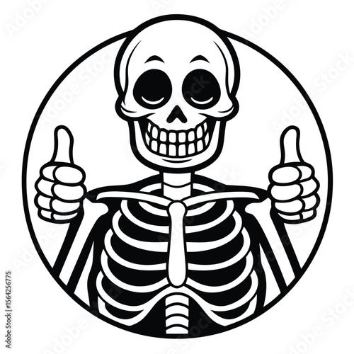 Smiling skeleton with hollow eyes gives two thumbs up inside black circle