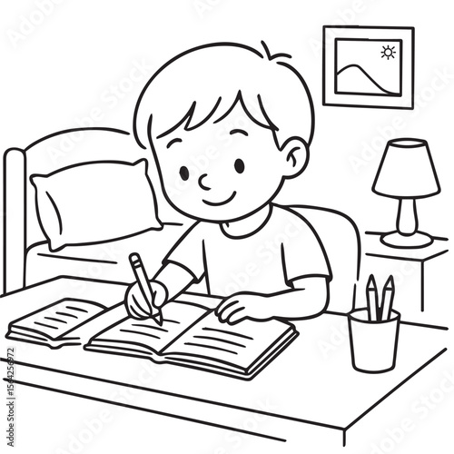 illustration of kids study in bedroom with clean lines for coloring book, homework  design for student, creative homework, illustration design for kids coloring book