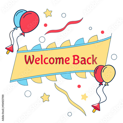 Welcome back banner with balloons, stars, ribbons, and circles in a festive and celebratory design style