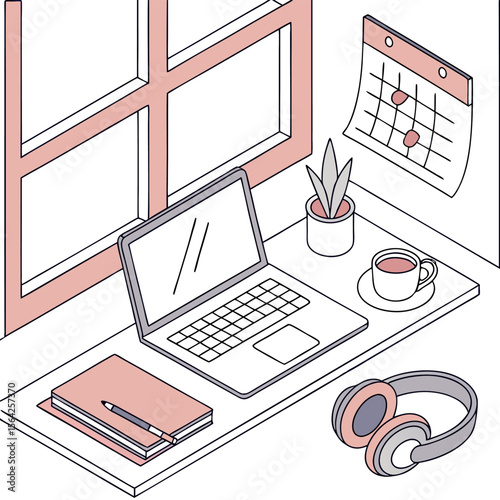 Isometric view of a desk with laptop, headphones, plant, calendar, and notebook in pastel colors