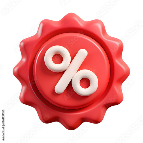 Red discount seal with percentage symbol isolated on transparent background